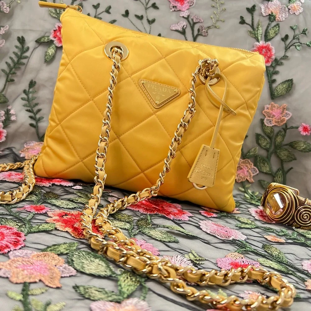 Auth PRADA Bag • Authentic PRADA 1995 Re-Edition Chain Tote in Yellow Re-Nylon